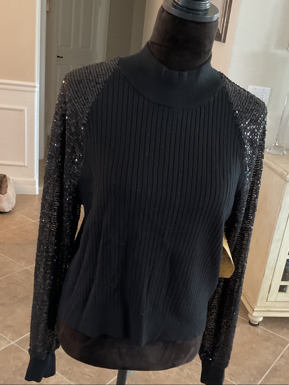 Joseph Abboud black ribbed top with sequin sleeves, size large, NWT